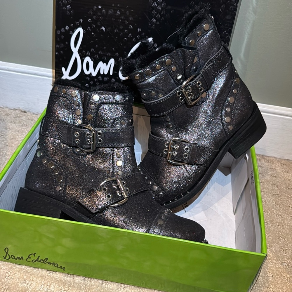 NIB Sam Edelman Suede Combat Boots, Black Sparkle, Size 7
